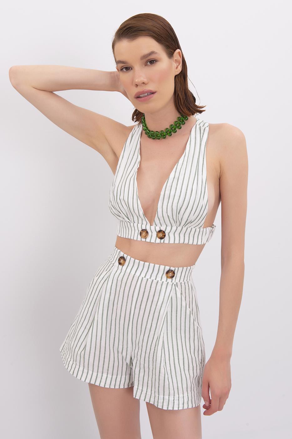 Bayan Yeşil Cep Detaylı Keten Şort