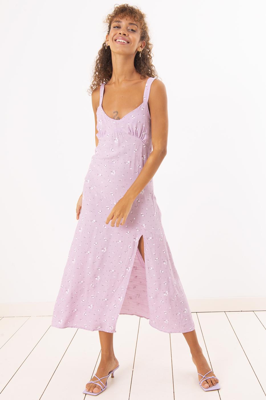 Bayan Lila Derin Yırtmaç Detaylı Askılı Midi Elbise