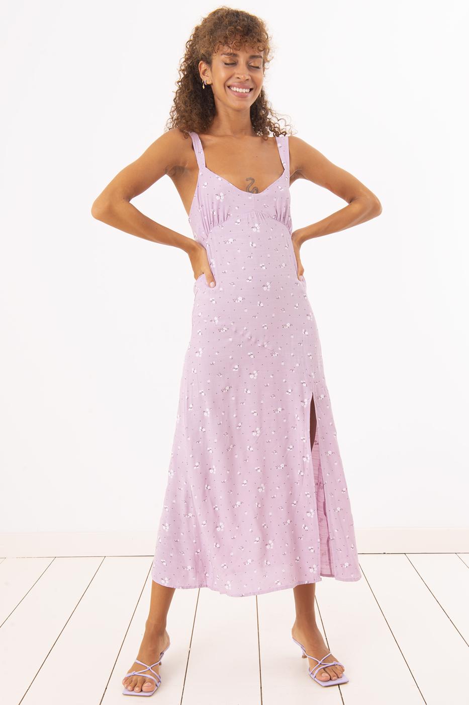 Bayan Lila Derin Yırtmaç Detaylı Askılı Midi Elbise