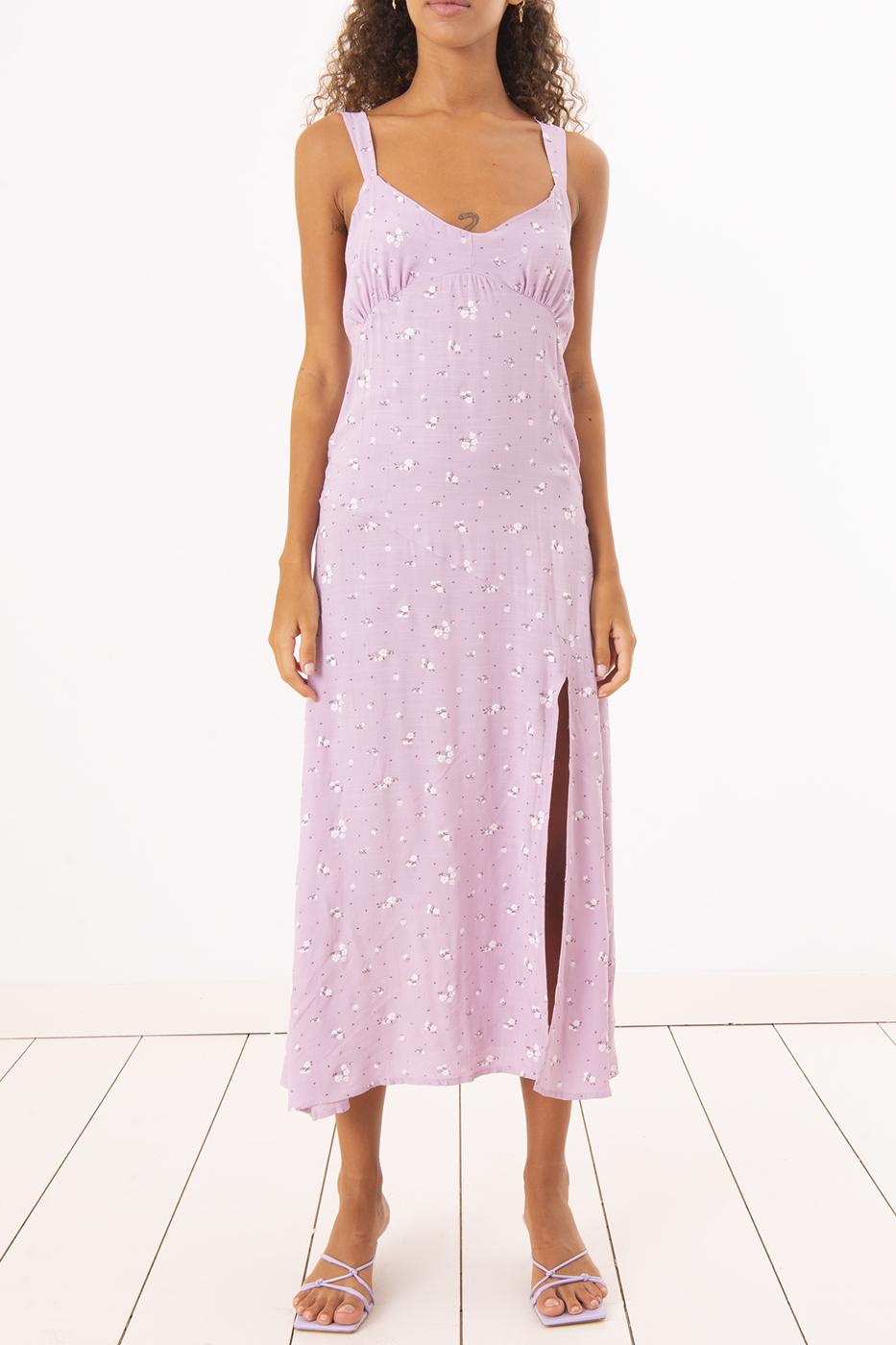 Bayan Lila Derin Yırtmaç Detaylı Askılı Midi Elbise