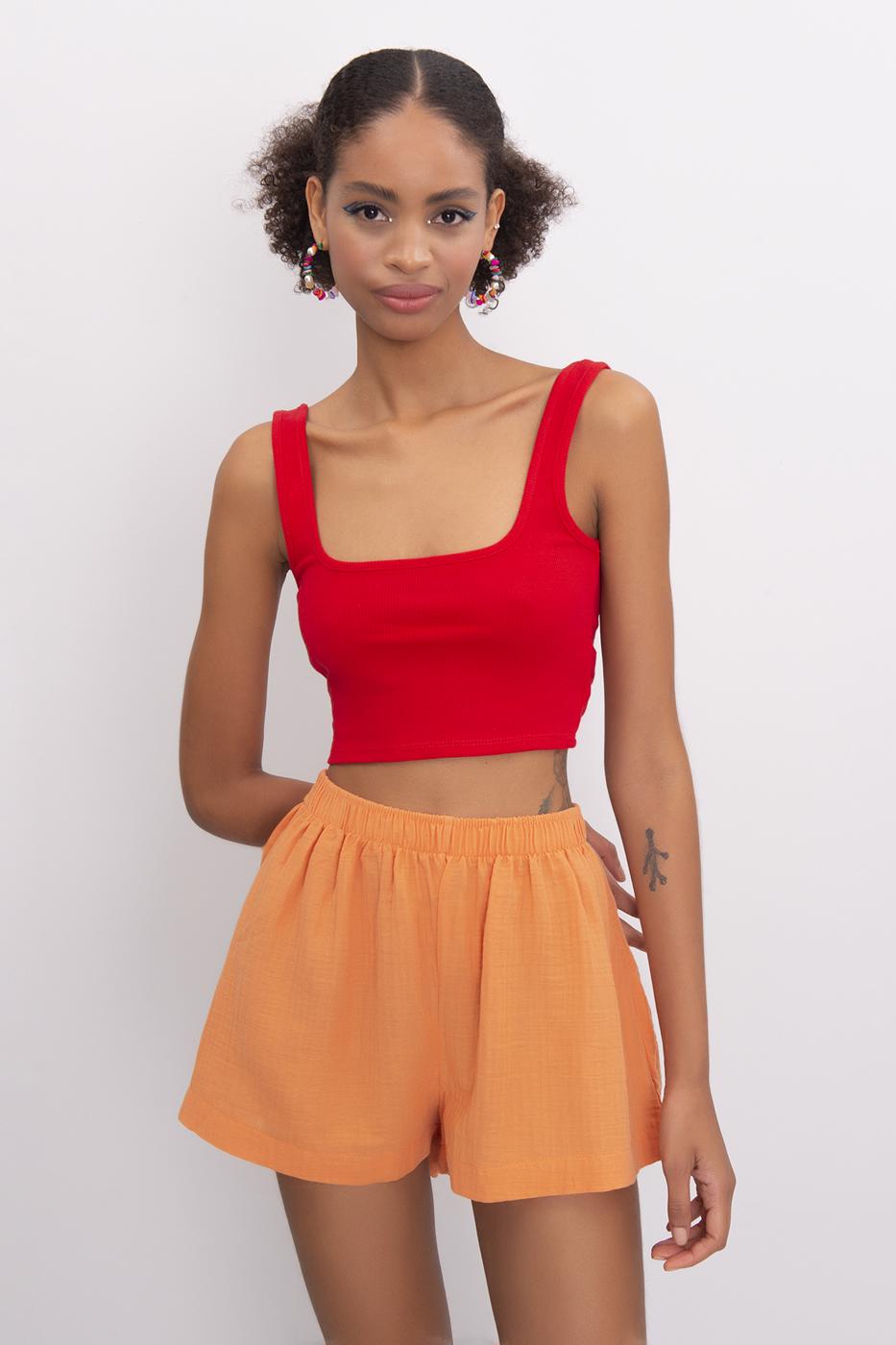 Bayan Oranj Bel Lastik Detaylı Şort