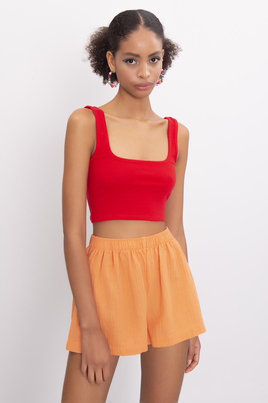 Bayan Oranj Bel Lastik Detaylı Şort
