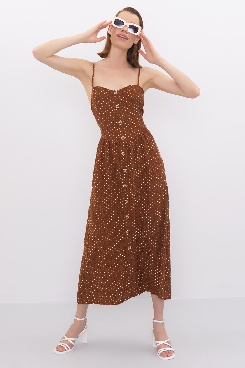 Bayan Kahverengi Sırt Dekolteli Askılı Midi Elbise