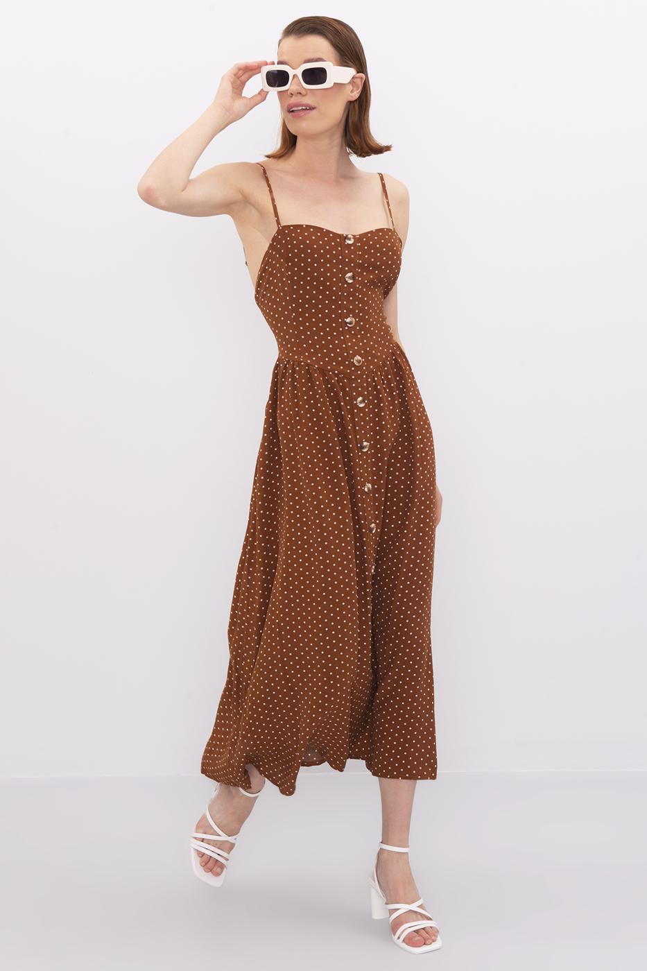 Bayan Kahverengi Sırt Dekolteli Askılı Midi Elbise