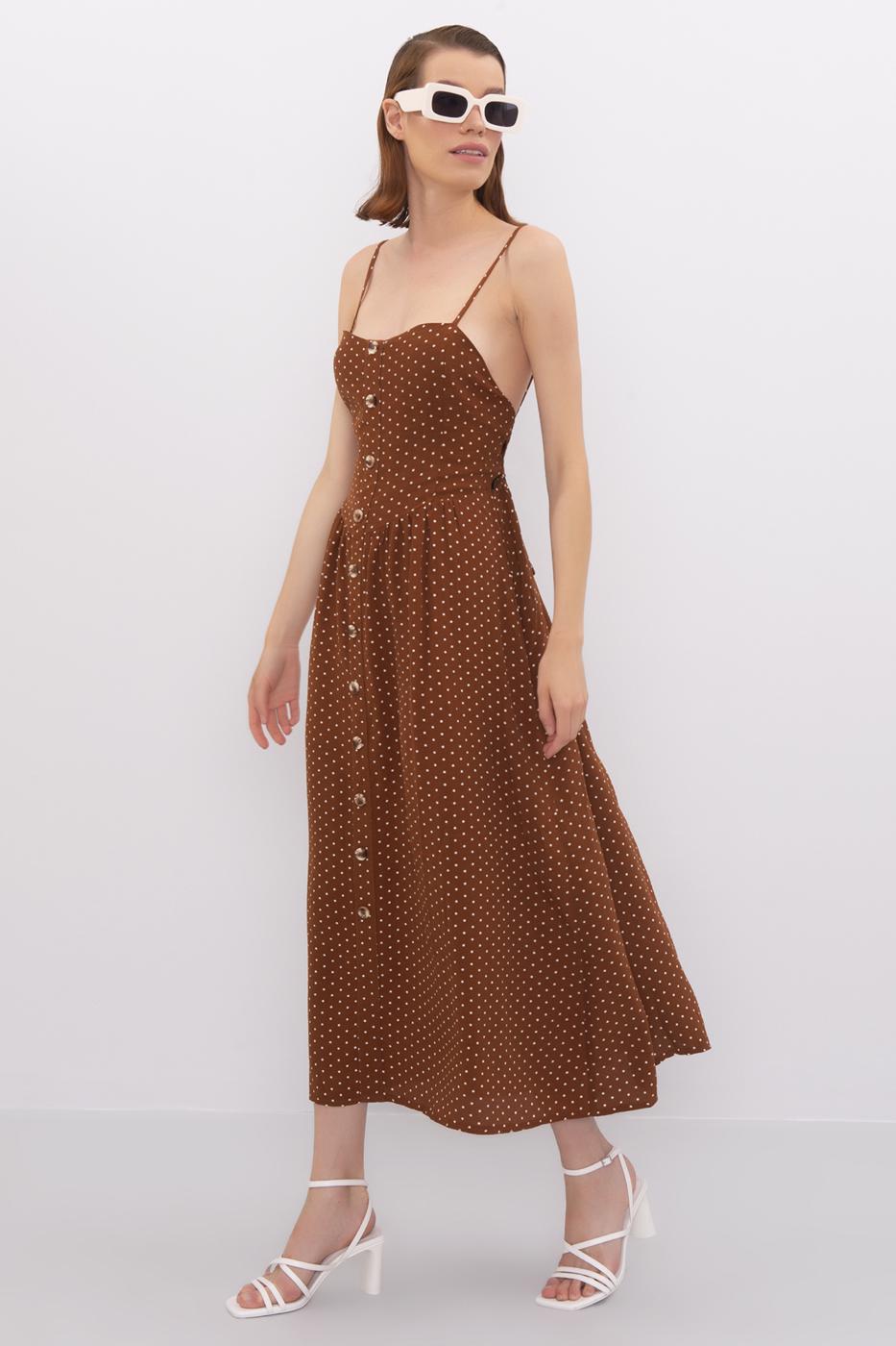 Bayan Kahverengi Sırt Dekolteli Askılı Midi Elbise