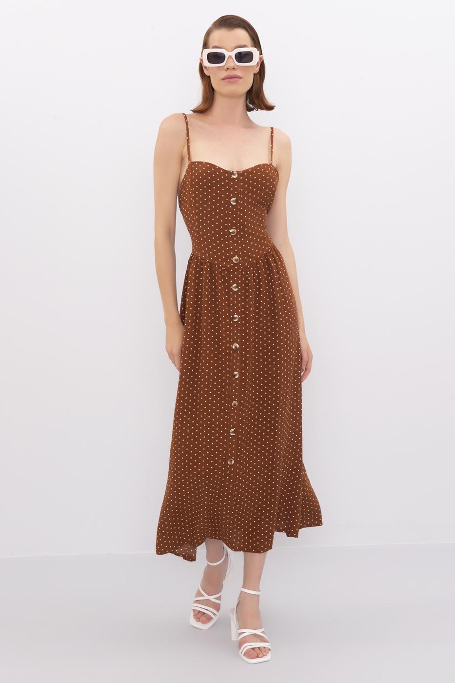 Bayan Kahverengi Sırt Dekolteli Askılı Midi Elbise