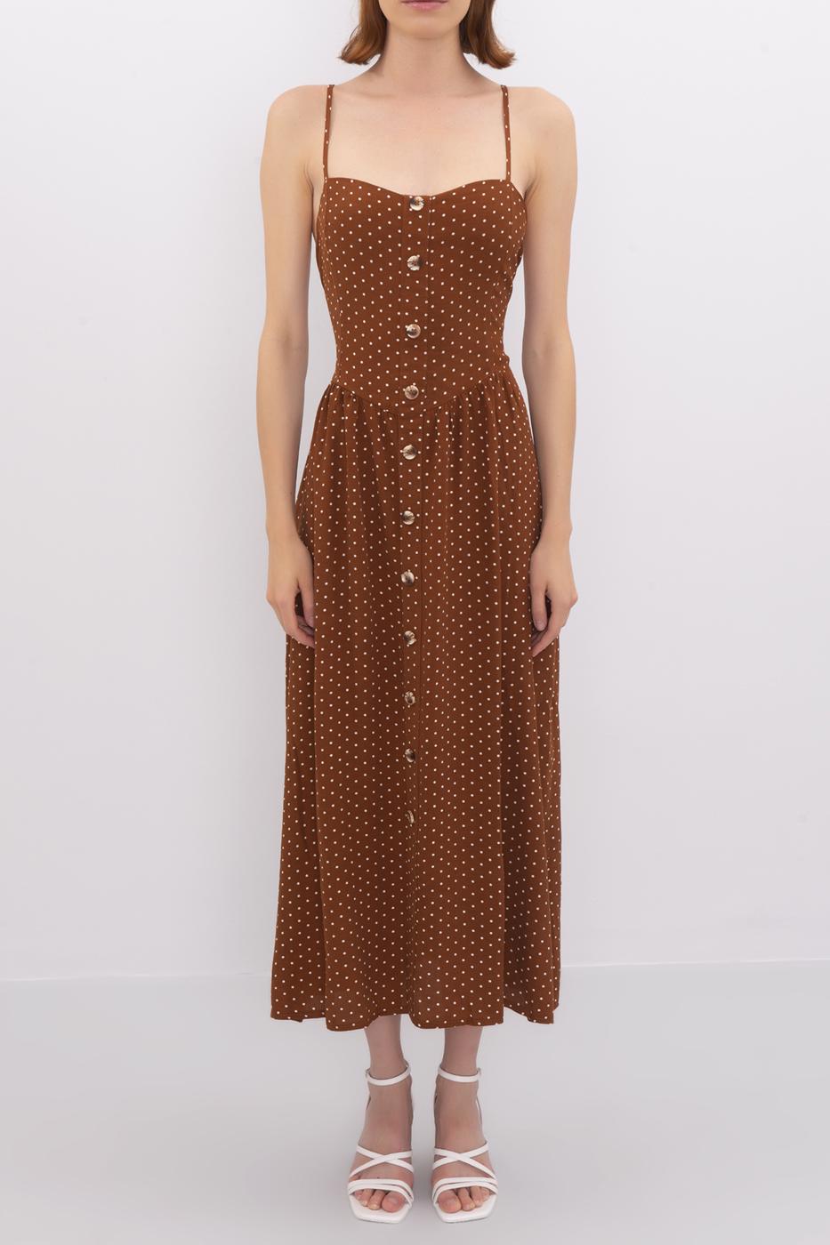 Bayan Kahverengi Sırt Dekolteli Askılı Midi Elbise