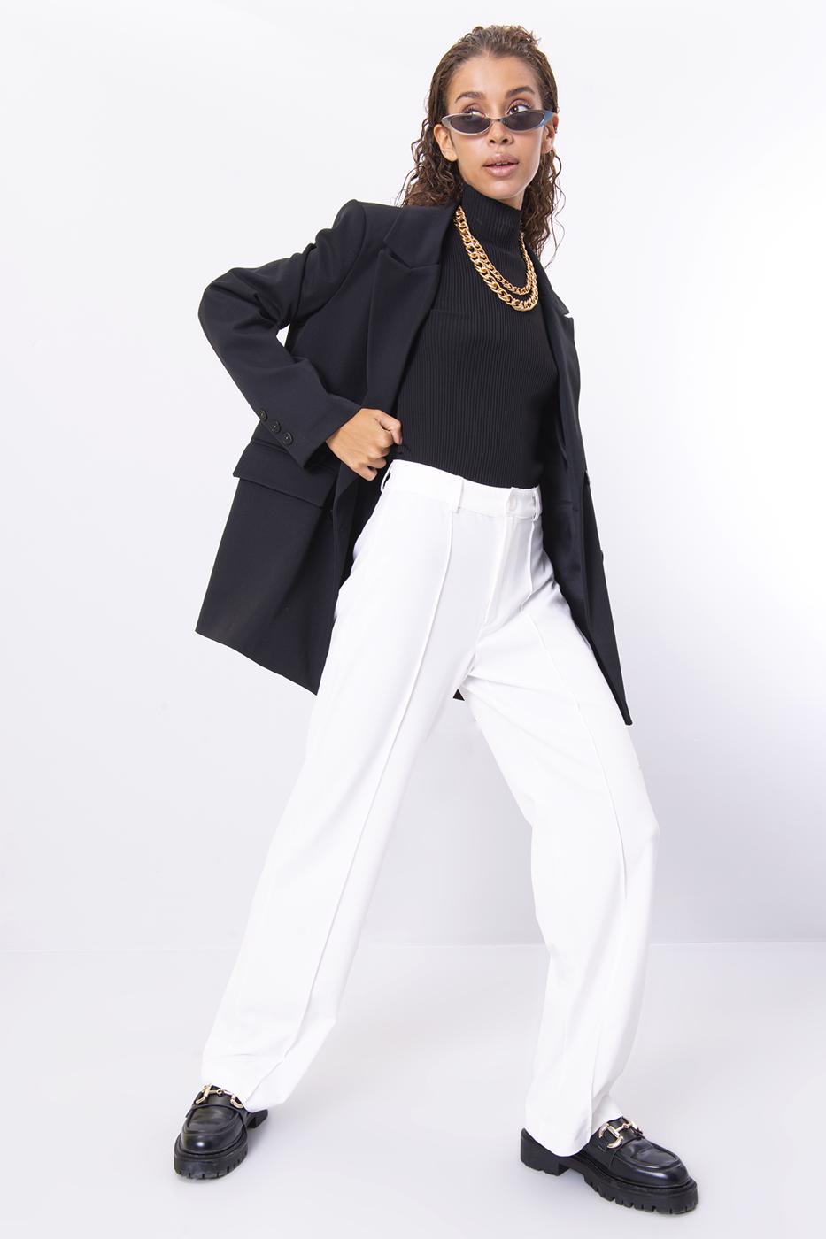 Bayan Ekru Yüksek Bel Fitil Dikiş Detaylı Pantolon