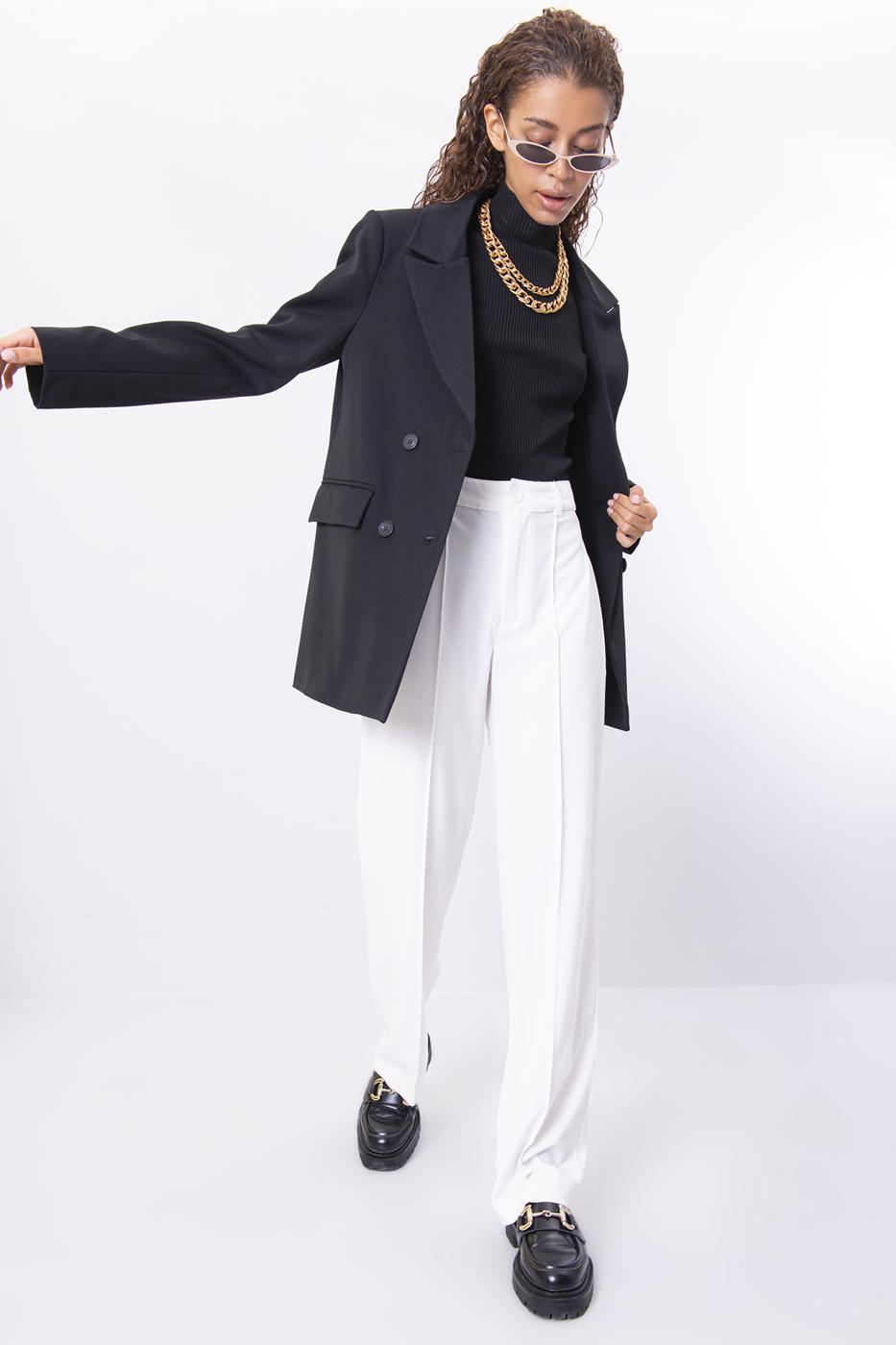 Bayan Ekru Yüksek Bel Fitil Dikiş Detaylı Pantolon