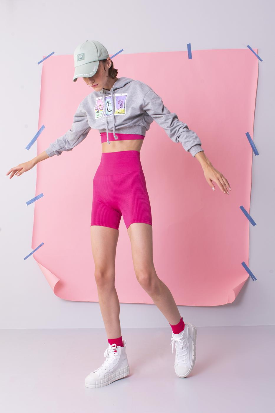 Bayan Fuşya Kısa Fitilli Spor Tayt