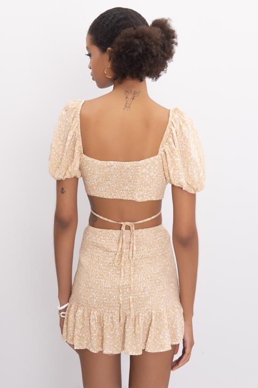 Bayan Bej Kısa Balon Kol Bel Çapraz Bağlama Detaylı Bluz - BSL