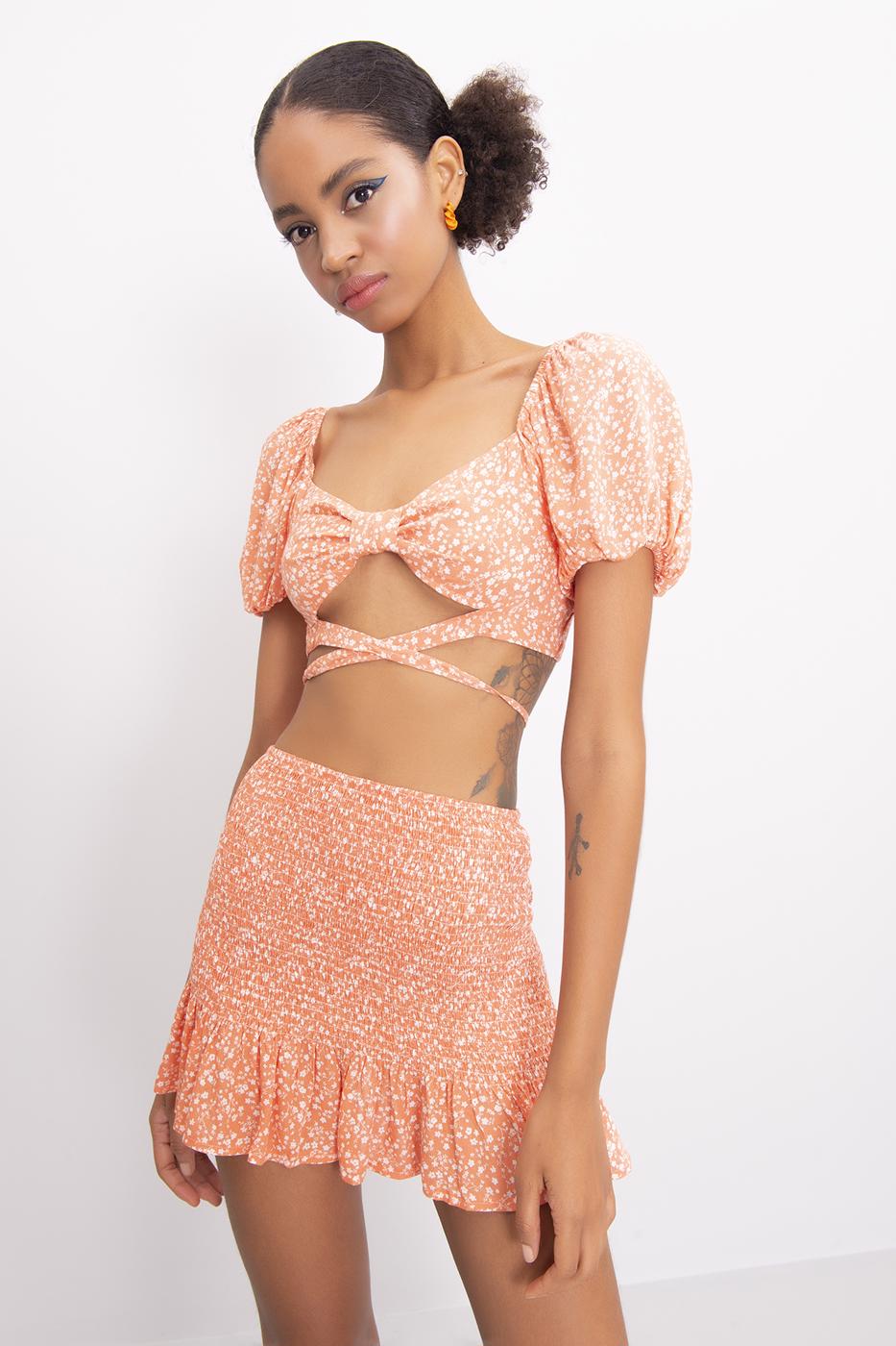 Bayan Oranj Kısa Balon Kol Bel Çapraz Bağlama Detaylı Bluz