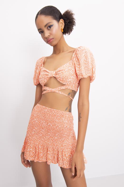 Bayan Oranj Kısa Balon Kol Bel Çapraz Bağlama Detaylı Bluz - BSL