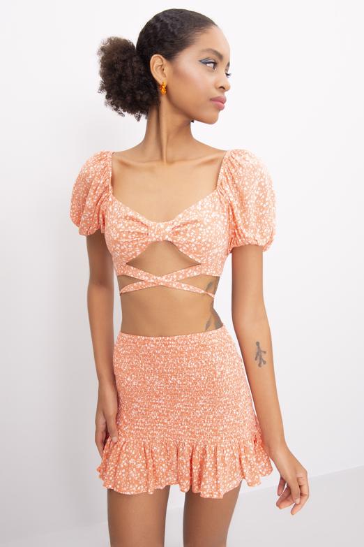 Bayan Oranj Kısa Balon Kol Bel Çapraz Bağlama Detaylı Bluz - BSL