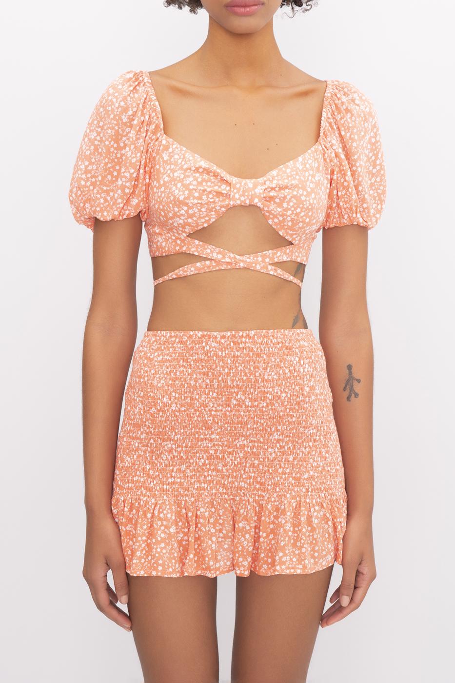 Bayan Oranj Kısa Balon Kol Bel Çapraz Bağlama Detaylı Bluz