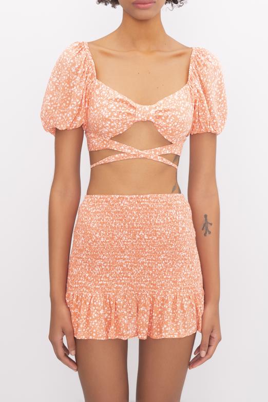 Bayan Oranj Kısa Balon Kol Bel Çapraz Bağlama Detaylı Bluz - BSL