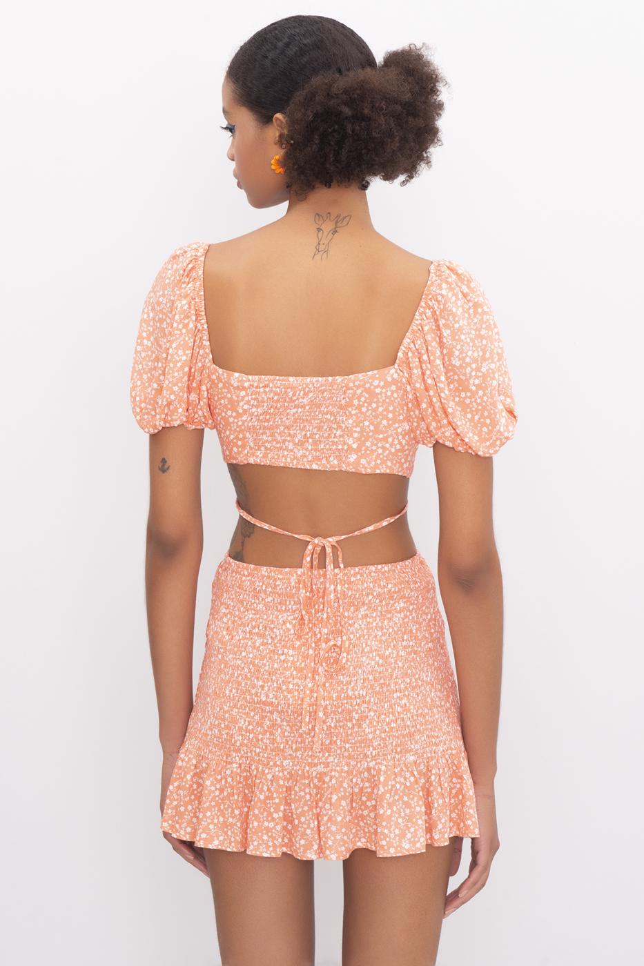 Bayan Oranj Kısa Balon Kol Bel Çapraz Bağlama Detaylı Bluz