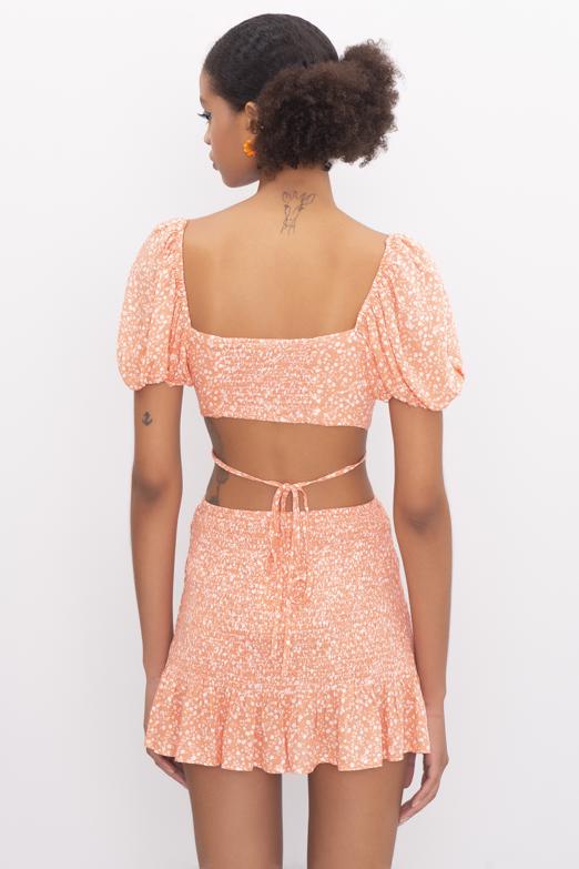 Bayan Oranj Kısa Balon Kol Bel Çapraz Bağlama Detaylı Bluz - BSL