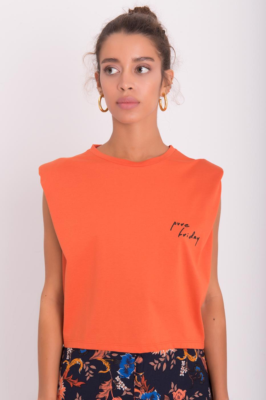 Bayan Kiremit Vatkalı Kolsuz Basic Tişört