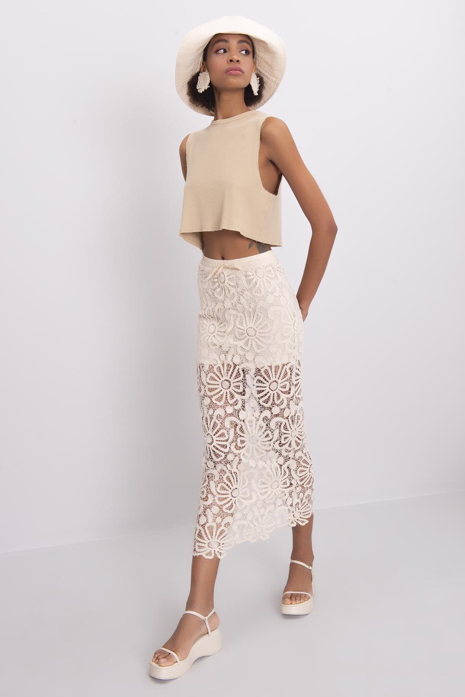 Bayan Ekru Dantel Detaylı Midi Dar Etek