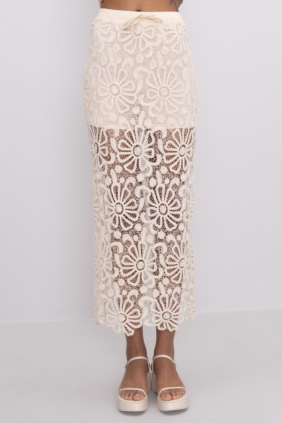 Bayan Ekru Dantel Detaylı Midi Dar Etek