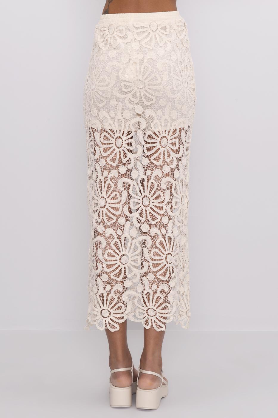 Bayan Ekru Dantel Detaylı Midi Dar Etek