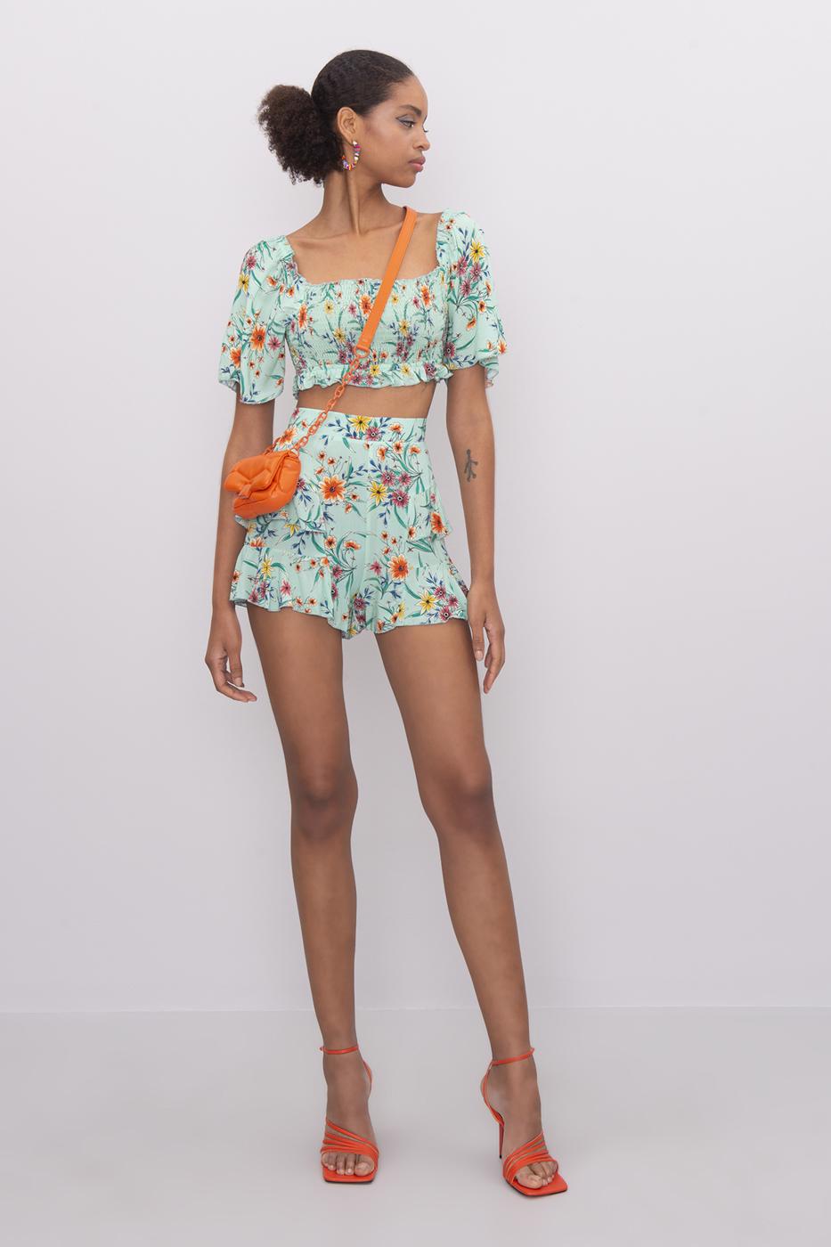 Bayan Yeşil Kare Yaka Kol Volanlı Crop Bluz