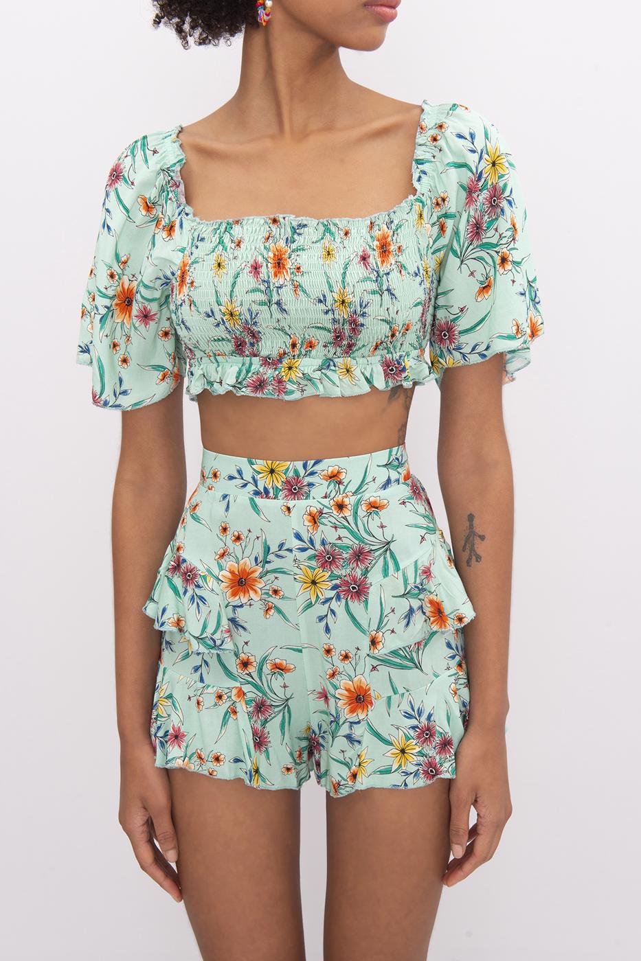 Bayan Yeşil Kare Yaka Kol Volanlı Crop Bluz