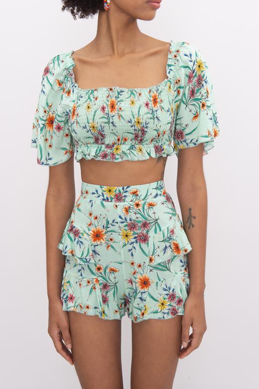 Bayan Yeşil Kare Yaka Kol Volanlı Crop Bluz - BSL