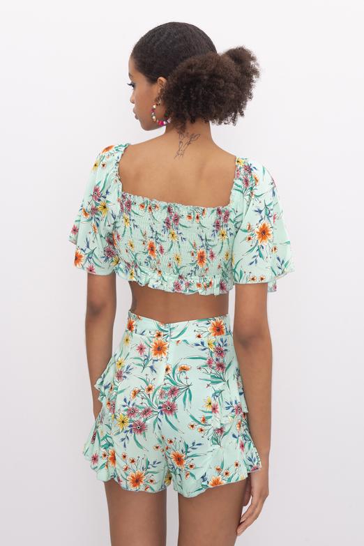 Bayan Yeşil Kare Yaka Kol Volanlı Crop Bluz - BSL