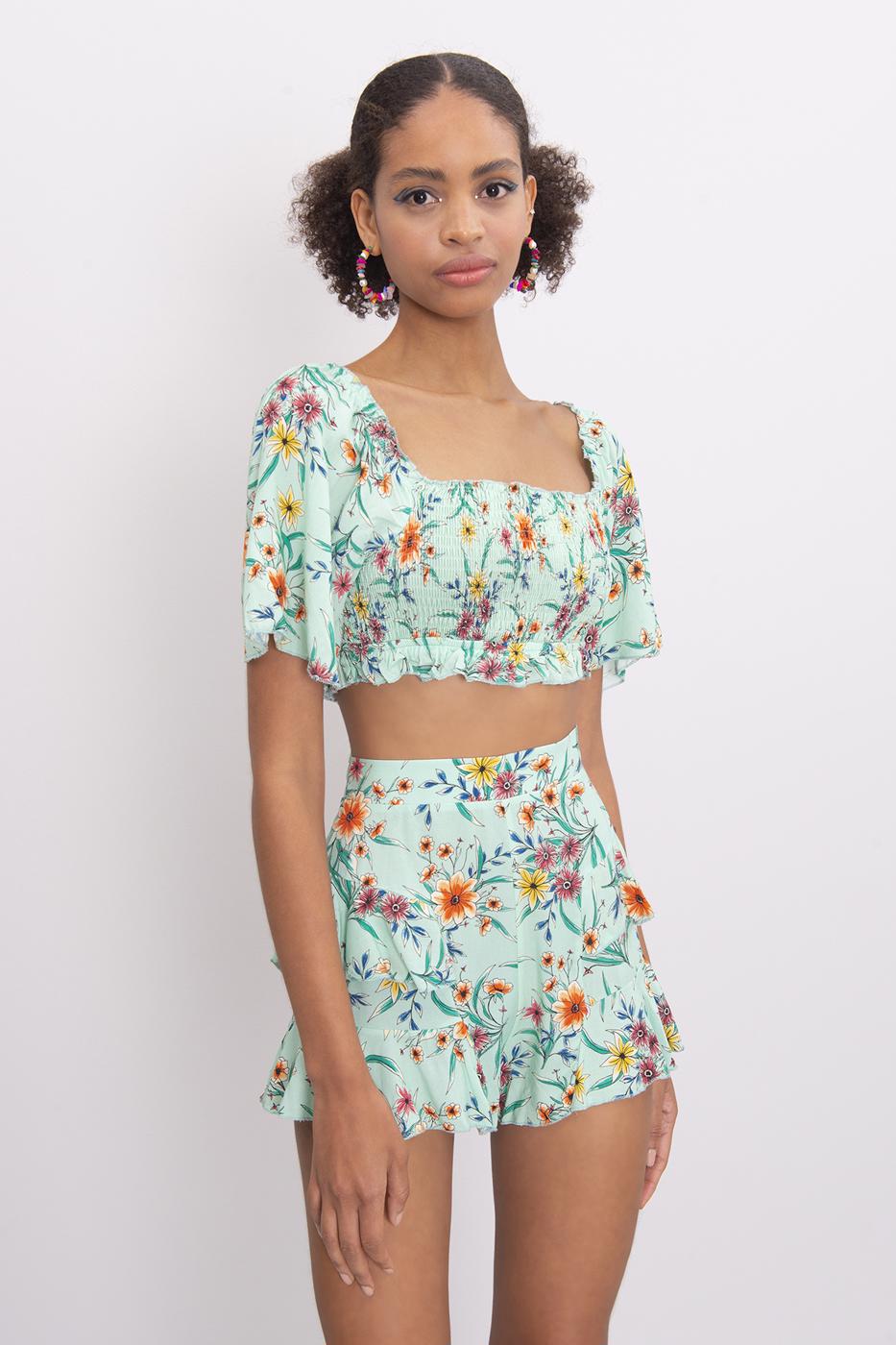 Bayan Yeşil Volanlı Mini Şort