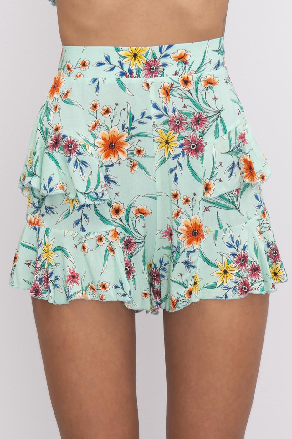 Bayan Yeşil Volanlı Mini Şort
