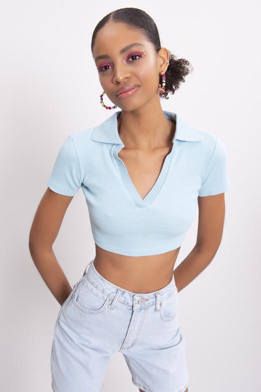 Bayan Mavi V Kesim Kısa Kol Polo Yaka Crop Body - BSL
