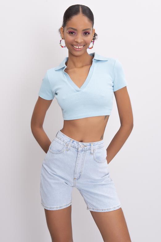 Bayan Mavi V Kesim Kısa Kol Polo Yaka Crop Body - BSL