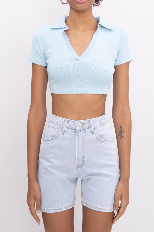 Bayan Mavi V Kesim Kısa Kol Polo Yaka Crop Body - BSL