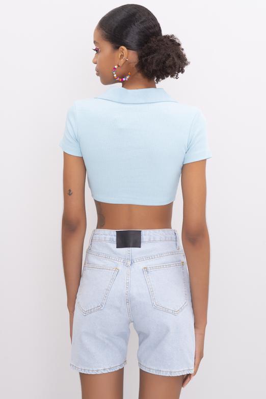 Bayan Mavi V Kesim Kısa Kol Polo Yaka Crop Body - BSL