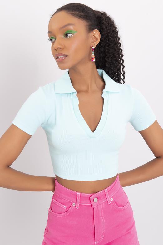 Bayan Yeşil V Kesim Kısa Kol Polo Yaka Crop Body - BSL