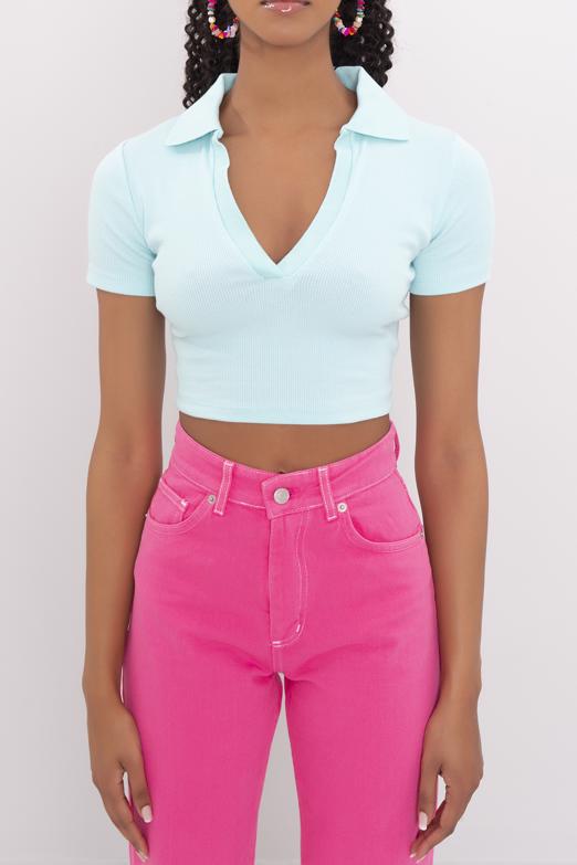 Bayan Yeşil V Kesim Kısa Kol Polo Yaka Crop Body - BSL