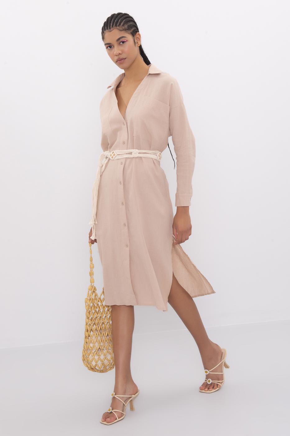 Bayan Bej Oversize Midi Keten Elbise