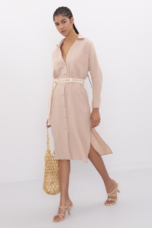 Bayan Bej Oversize Midi Keten Elbise - BSL