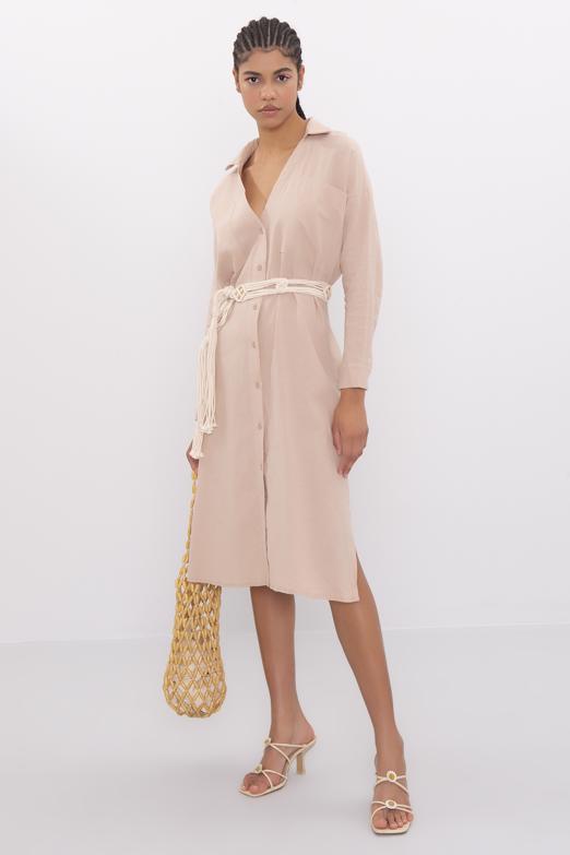 Bayan Bej Oversize Midi Keten Elbise - BSL