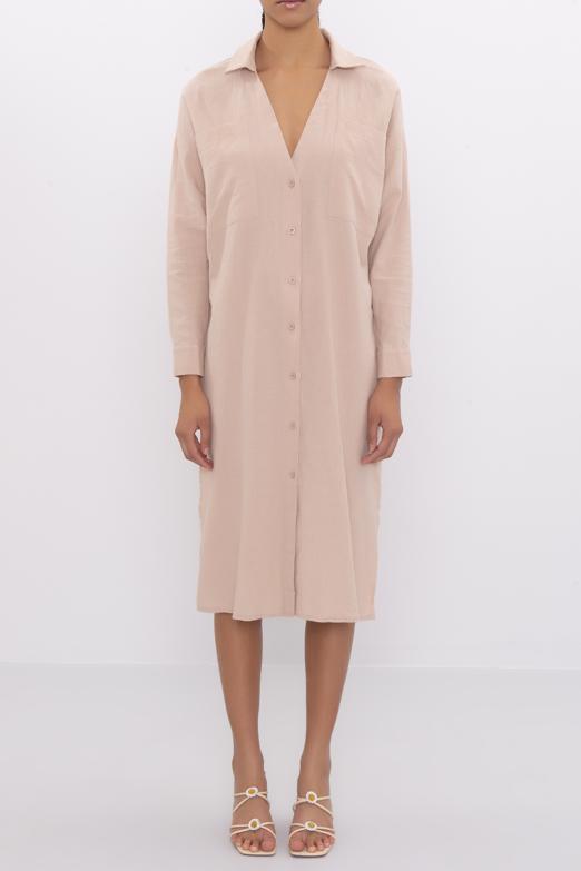 Bayan Bej Oversize Midi Keten Elbise - BSL