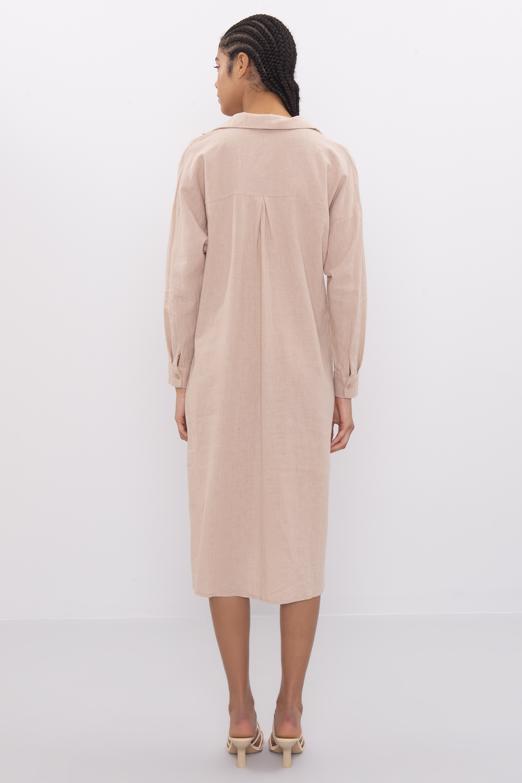 Bayan Bej Oversize Midi Keten Elbise - BSL