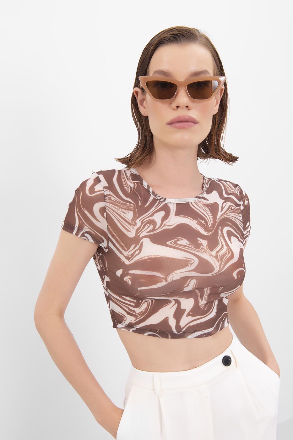 Bayan Kahverengi Bisiklet Yaka Kısa Kol Tül Body