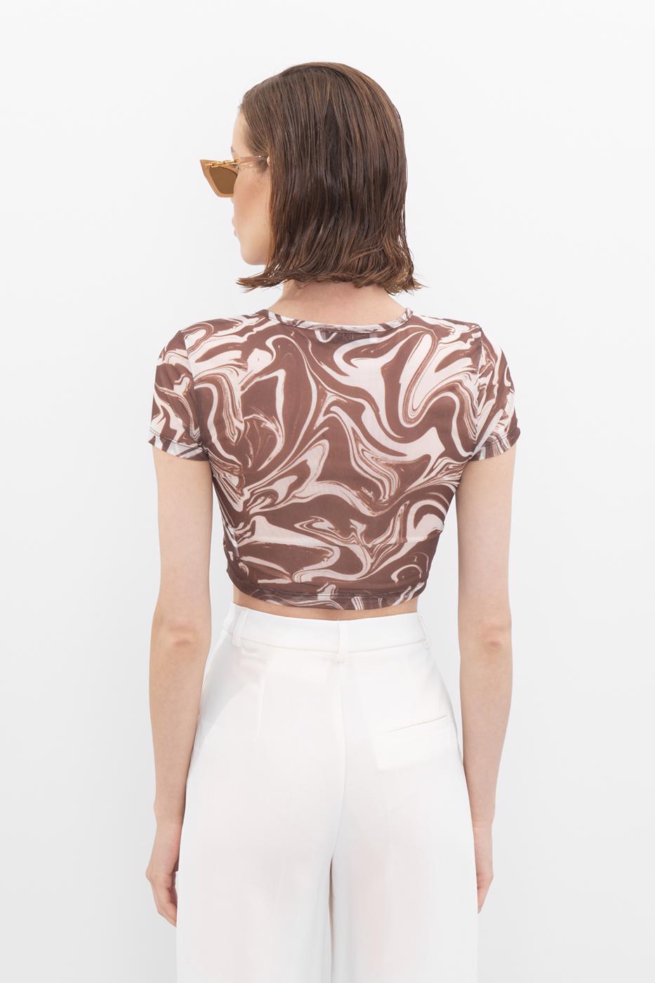 Bayan Kahverengi Bisiklet Yaka Kısa Kol Tül Body