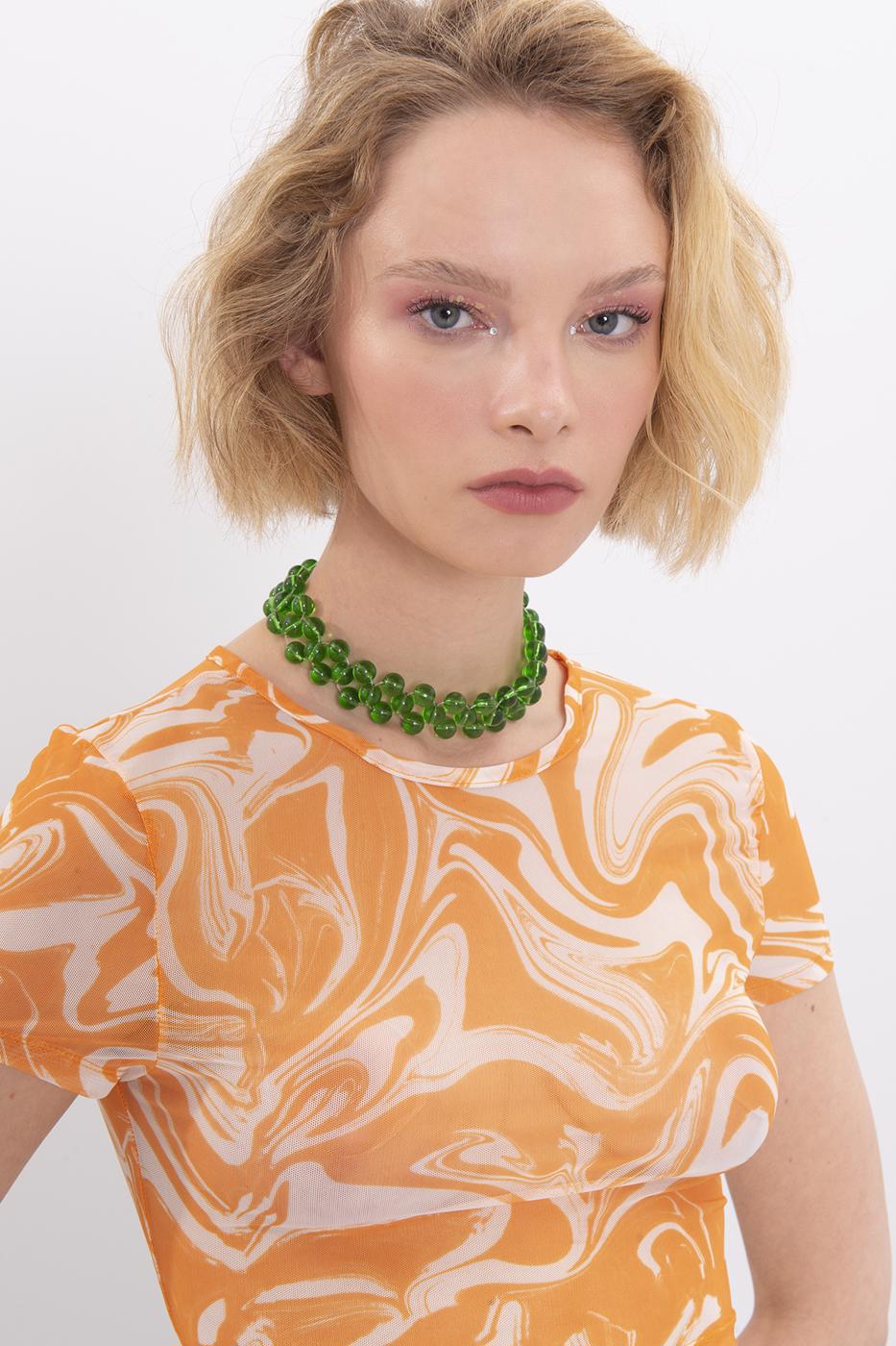 Bayan Oranj Bisiklet Yaka Kısa Kol Tül Body