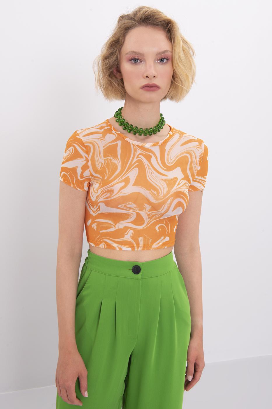 Bayan Oranj Bisiklet Yaka Kısa Kol Tül Body