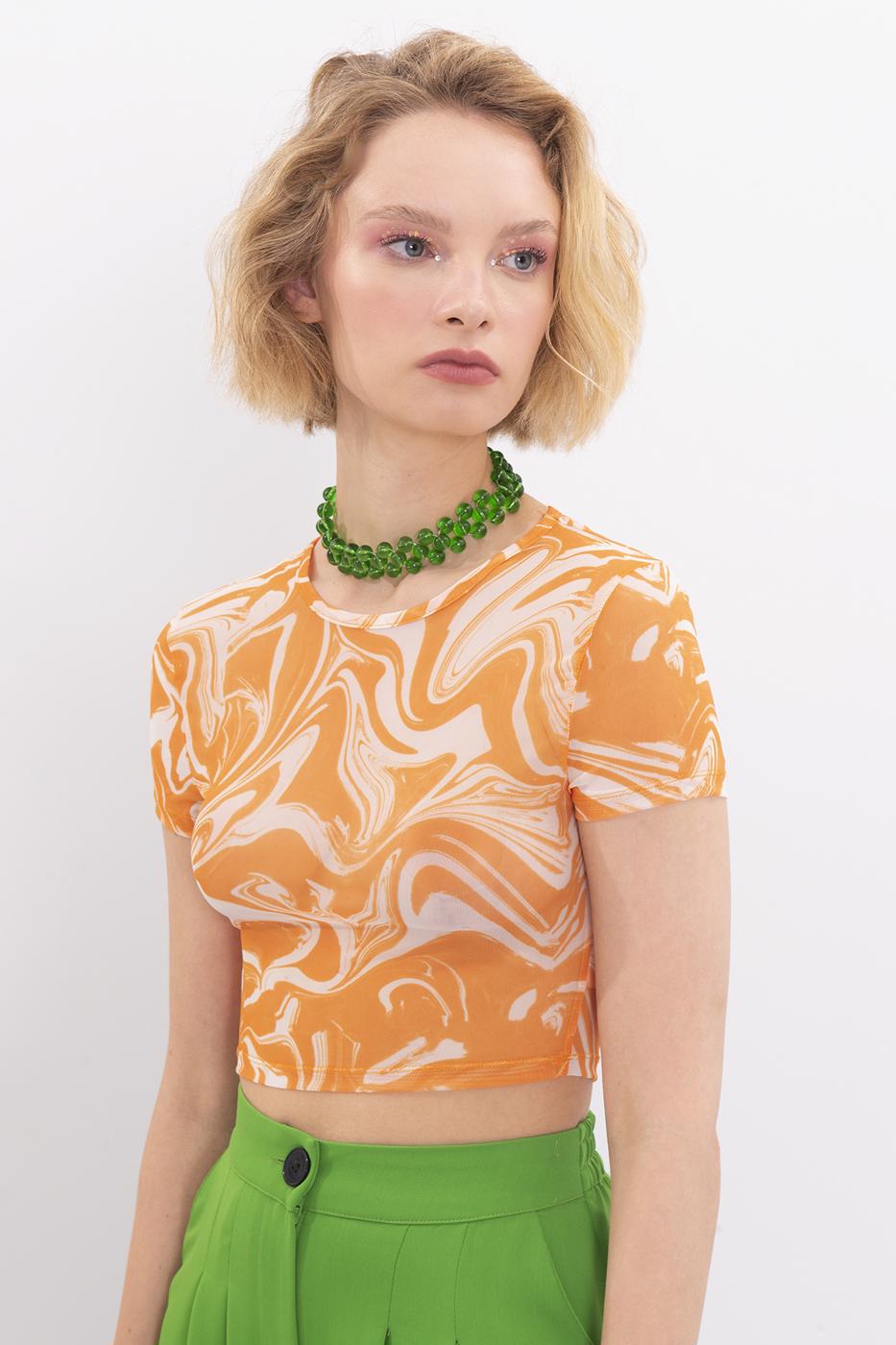 Bayan Oranj Bisiklet Yaka Kısa Kol Tül Body