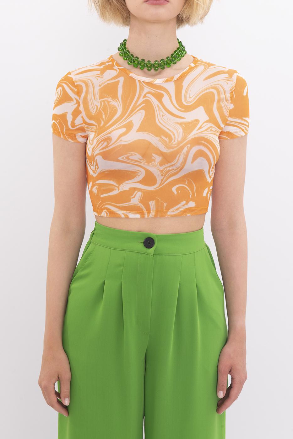 Bayan Oranj Bisiklet Yaka Kısa Kol Tül Body