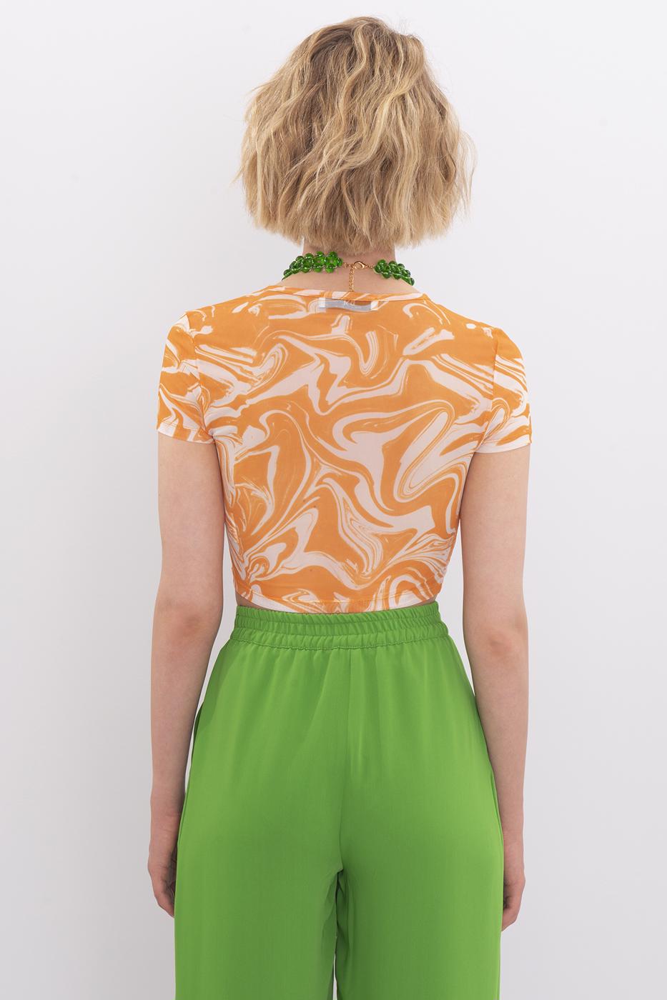 Bayan Oranj Bisiklet Yaka Kısa Kol Tül Body